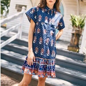 NWT HUNTER BELL Navy Blue Floral Short-Sleeve Drop-Waist Dress